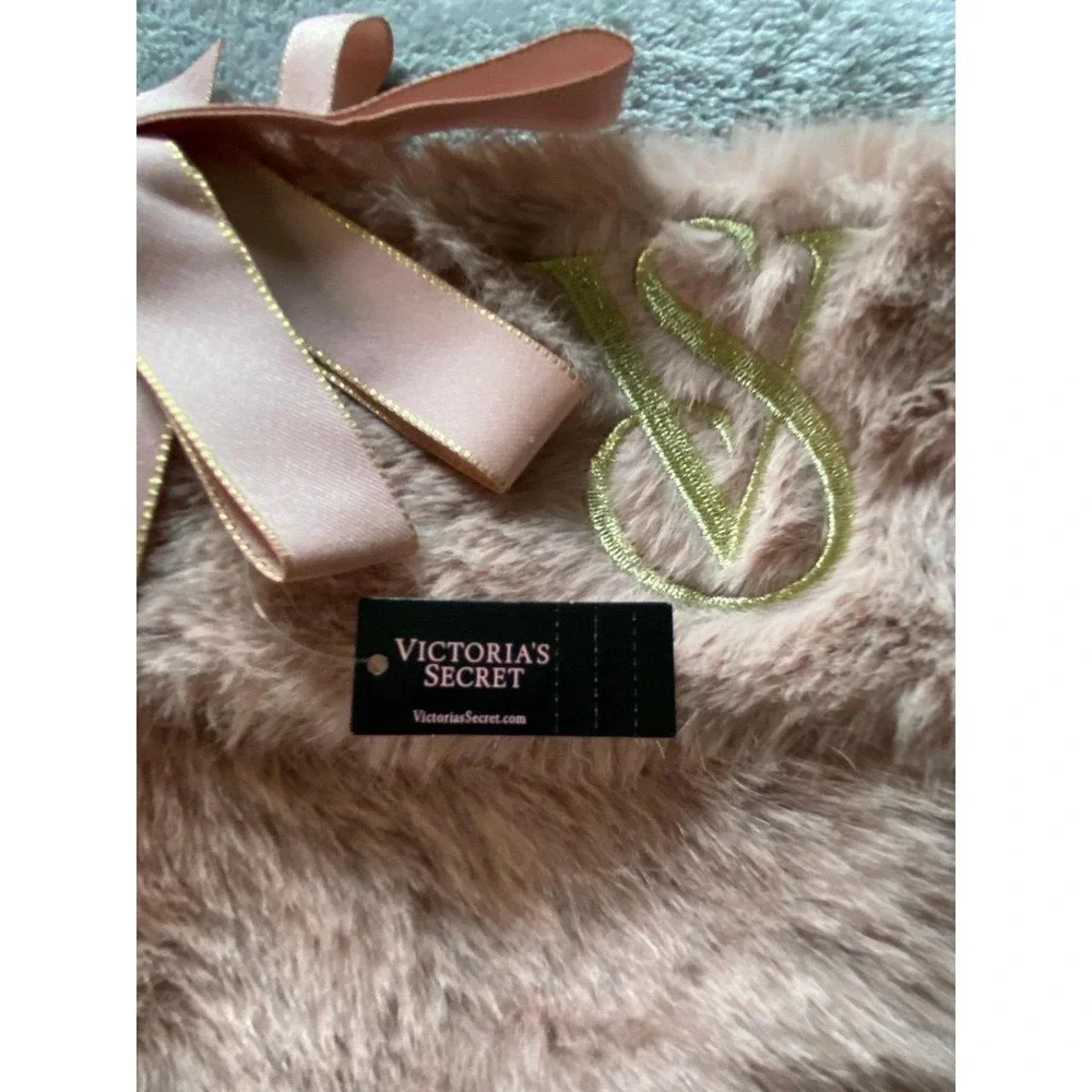 Victoria's Secret Embroidered Fluffy Bow Pompom Christmas Stocking New Tag s2